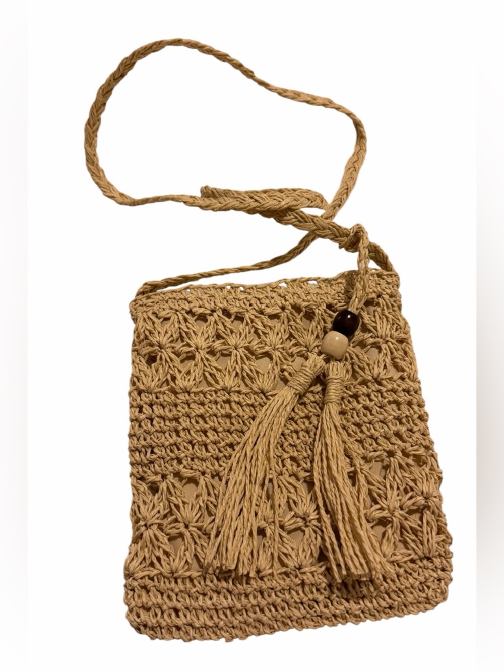 Woven Straw Crossbody Bag with Tassel - Tan (006)